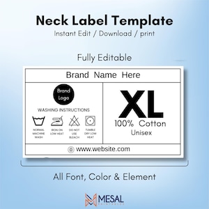 Op de afbeelding: Een witte neklabel sjabloon met zwarte tekst, waaronder "Brand Name Here", wasvoorschriften en "XL 100% Katoen Unisex". Het label bevat ook een websiteadres en de tekst "Neck Label Template."