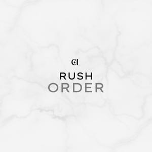 May include: A white marble effect background with the text "CL" above the words "RUSH ORDER" in black and grey. The image is a simple design, suitable for a variety of products.