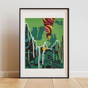 May include: Abstract art print in a black frame. The artwork features a green background with dark green shapes, white lines, and accents of yellow, blue, and maroon. The print is displayed on a wooden floor.