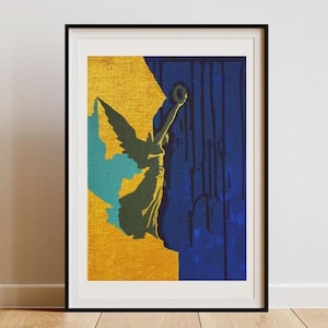 May include: Framed art print featuring a stylized depiction of the Statue of Liberty. The artwork uses a palette of yellow, teal, and blue, with a textured background. The statue is in silhouette against a yellow and blue backdrop, with blue drips.