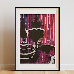 May include: Framed art print featuring a black and white illustration of a fountain and decorative objects against a backdrop of vertical red and purple brushstrokes. The artwork is displayed in a black frame.