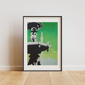 May include: Framed art print featuring a black and white silhouette of a figure atop a tiered structure against a green and white gradient background. The artwork has a modern, minimalist style, with a black frame.