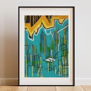May include: Abstract art print in a black frame. The artwork features a teal background with yellow and gold shapes at the top, and vertical lines in various colors. Black line drawings of figures and shapes are also present.