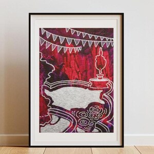 May include: Framed art print featuring an abstract design in shades of red, purple, and silver. The artwork includes a stylized table with a candle and a banner of triangular flags. The print is framed in a black frame.