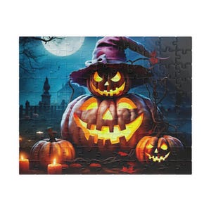 Halloween Pumpkin Jigsaw Puzzle for Adults, Spooky Jack-o'-Lantern Witch Hat Puzzle, Autumn Fall Moonlight Graveyard Game