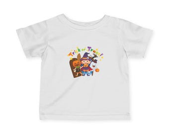 Camiseta adorable de Halloween para bebé | Truco o trato, calabaza, bruja, fantasma | Primer atuendo de Halloween para bebé | Regalo para bebé de 6, 12, 18 y 24 meses | Blanco