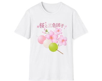 Camiseta Sakura & Sanshoku Dango - Estética japonesa de flores de cerezo adorable, camiseta para picnic Hanami, camiseta gráfica estilo Harajuku en tonos pastel.