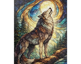 Rompecabezas de lobo estilo vidriera - Armonía a la luz de la luna / Este diseño fue generado por IA.