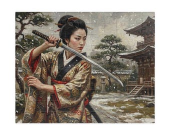 Rompecabezas Mujer Samurai en la Nieve - Arte Art Déco Japonés, Guerrera en Templo Invernal, Regalo para Meditación Zen, Arte de Pared Wabi Sabi.