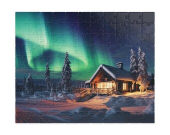 Aurora Borealis Puzzel, Gezellige Winterhut in de Sneeuw, Cadeau met Noorderlicht, Magische Nachthemel Puzzel voor Volwassenen.