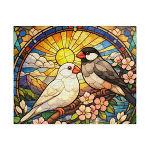 Brilliant stained-glass style jigsaw puzzle / Two friendly Java sparrows and a sunrise scene / Perfect for interior decoration or as a gift
