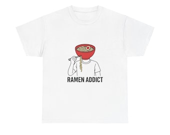 Camiseta para adictos al ramen: regalo divertido para amantes de los fideos japoneses, camiseta gráfica surrealista, camiseta estética para amantes de la comida, camiseta unisex de algodón, arte de cabeza de tazón de ramen