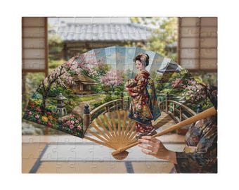 Rompecabezas japonés: Geisha con abanico de flores de cerezo, arte estilo Ukiyo-e, decoración tradicional de jardín con kimono, regalo zen para adultos y coleccionistas.