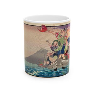 Japanese Seven Lucky Gods Mug, Traditional Ukiyo-e Art Coffee Cup with Mt. Fuji, Shichifukujin Treasure Ship, Gift for Japan Lovers & Luck