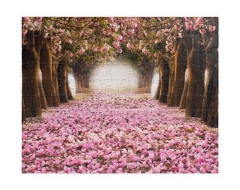 Rompecabezas del túnel del árbol de trompeta rosa, arte de paisaje natural del sendero de Tabebuia Rosea, regalo de paisaje floral en flor para adultos, decoración de primavera para el hogar