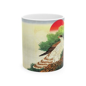 Japanese Ukiyo-e Style Hawk & Rising Sun Ceramic Mug - Traditional Art Coffee Cup / Design used from NDL Image Bank