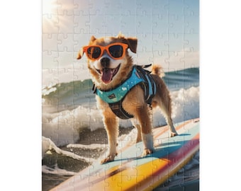 Rompecabezas Perro Surfista - Perro Genial con Gafas de Sol en Tabla de Surf / Regalo para Amantes de la Playa / Utiliza el Diseño de Dominio Público Q