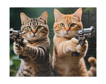 Rompecabezas único de gatos armados con pistolas: arte de gatitos atigrados y jengibre rudos: regalo divertido para amantes de los gatos, decoración original para el hogar.