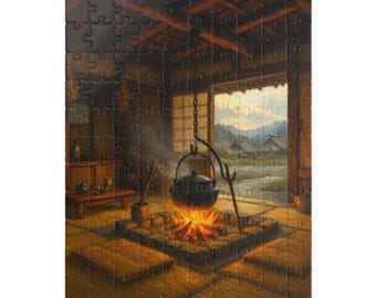 Rompecabezas de chimenea japonesa, arte tradicional de cabaña Irori, decoración acogedora de granja, regalo zen para amantes de Japón / Generado por IA.