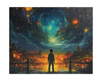 Rompecabezas Noche Estrellada de Ensueño - Niño contemplando la ciudad resplandeciente y el cielo galáctico / Decoración de pared de fantasía, regalo para la atención plena.