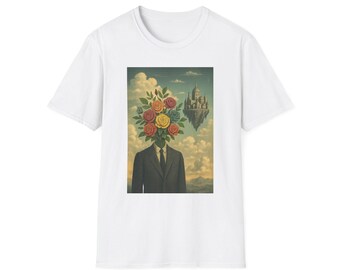 Camiseta de arte surrealista - Caballero con flores y castillo flotante - Camiseta gráfica de estética vintage - Algodón suave Gildan 64000