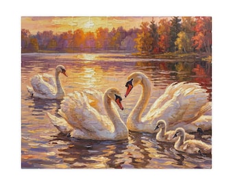 Rompecabezas artístico de pintura al óleo de la familia de cisnes al atardecer para adultos, decoración de pared con paisaje natural, regalo, elegante actividad para el hogar.