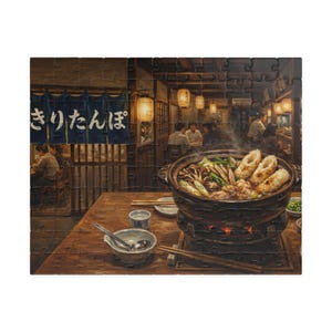 Japanese Izakaya Jigsaw Puzzle - Kiritanpo Hot Pot Night. / Nostalgic Asian Food Art, Cozy Wall Decor Gift / This was generated by AI.