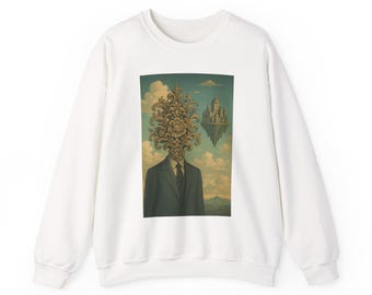 Sudadera de arte surrealista - Diseño de cabeza floral y castillo flotante inspirado en Magritte, cuello redondo con estética Dark Academia, Gildan 18000