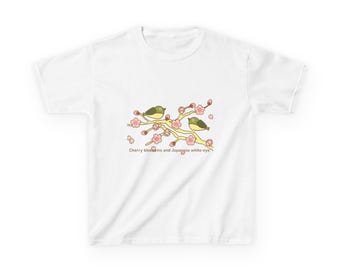 Camiseta infantil japonesa de ojiblanco y flores de cerezo, bonito diseño de Mejiro Sakura, camiseta juvenil con estampado de naturaleza primaveral, regalo para amantes de las aves, Gildan 5000B