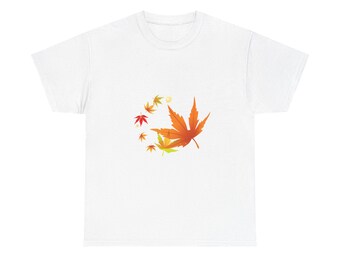 Autumn Maple Leaves Japanese Style T-Shirt - Gildan 5000 Heavy Cotton Tee, Minimalist Fall Nature Design, Unisex Graphic Shirt, Momiji Art