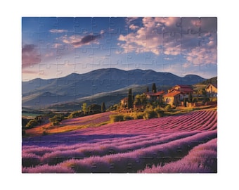 Rompecabezas Campo de lavanda, Paisaje montañoso al atardecer / Decoración relajante para el hogar con temática natural, Regalo para adultos y amantes de los rompecabezas.