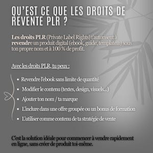 Puede incluir: Gr&aacute;fico con texto en franc&eacute;s que explica los Derechos de Reventa PLR. Detalla c&oacute;mo los PLR permiten revender productos digitales (ebooks, gu&iacute;as) bajo tu propio nombre, con un 100% de beneficio. Ventajas: reventa ilimitada, modificaci&oacute;n del contenido.