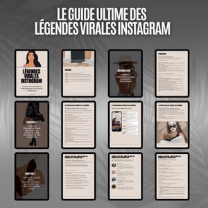 Puede incluir: Una gu&iacute;a digital titulada "LE GUIDE ULTIME DES L&Eacute;GENDES VIRALES INSTAGRAM" se muestra en varias tabletas. La portada de la gu&iacute;a presenta una ilustraci&oacute;n de una mujer. Otras tabletas muestran cap&iacute;tulos y contenido, incluyendo texto.
