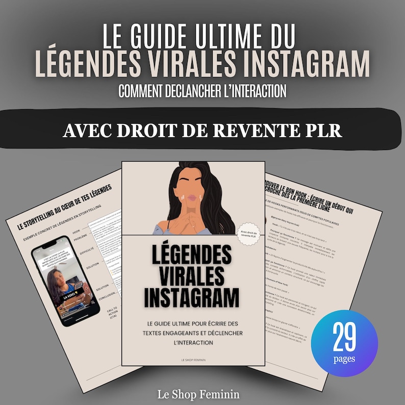 Puede incluir: Una gu&iacute;a de marketing digital titulada "LE GUIDE ULTIME DU L&Eacute;GENDES VIRALES INSTAGRAM" con el texto "COMMENT DECLANCHER L'INTERACTION" y "AVEC DROIT DE REVENTE PLR". La gu&iacute;a presenta una ilustraci&oacute;n de mujer y el texto "L&Eacute;GENDES VIRALES INSTAGRAM".