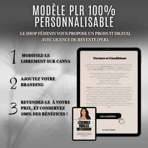 Puede incluir: Un anuncio de un producto digital con derechos de reventa. La imagen muestra una tableta y un tel&eacute;fono que muestran texto y gr&aacute;ficos. El texto incluye instrucciones para modificar, agregar marca y revender el producto. El producto es de "LE SHOP FEMININ".