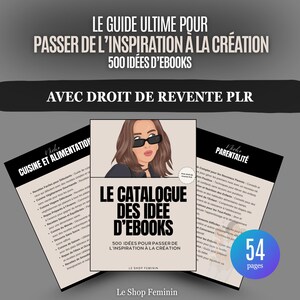 May include: An image promoting ebooks. The central book cover shows a woman in sunglasses, with the title "LE CATALOGUE DES IDEE D'EBOOKS" and the text "500 IDEES POUR PASSER DE L'INSPIRATION A LA CREATION". Other ebooks are also visible.