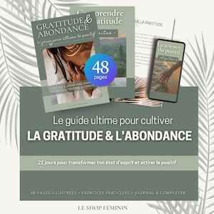 Puede incluir: Una pila de libros y un smartphone con el texto "La science du positif" en la pantalla. Los libros tienen el título "Gratitud y Abundancia" y "21 días para atraer la positividad". La imagen también incluye el texto "48 páginas".
