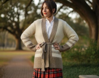 Vintage Icelandic Wool Cardigan –  Belted Lopi Sweater – Cream Brown Striped Iceland Sweater – Soft Fuzzy Wool Wrap sweater