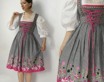 Vintage dirndl-jurk roze zwart wit / Oktoberfest Duitse trachtenjurk / klederdracht München bierfeest maat 34