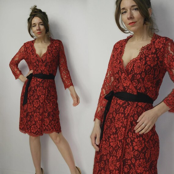 Y2K DVF Red Lace Wrap Dress Diane Von Furstenberg Julianna 3/4 Sleeve Scallop Detail, Nylon Rayon, Black Belt, Size 4 Free USA Shipping - Etsy Canada Y2K DVF Red Lace Wrap Dress Diane Von Furstenberg Julianna 3/4 Sleeve Scallop Detail, Nylon Rayon, Black Belt, Size 4 Free USA Shipping - Etsy Canada