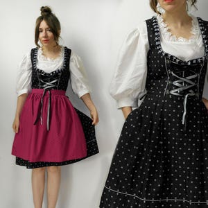 Vintage Dirndl Trachten Dress – Black Bavarian Folk Dress with Pink Apron, Traditional German Oktoberfest Outfit, Romantic Alpine Style – 42