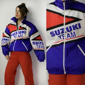 Vintage 90s Suzuki Team Jacket Made in Belgium | Colorblock Bomber Motorcycle Biker Zip Jacket Size S Retro Racing Style