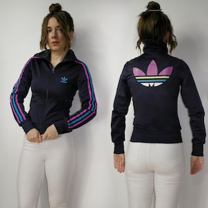 Veste de survêtement Adidas vintage Firebird - fermeture éclair bleu marine des années 2000, grand logo trèfle coloré, vêtements de sport rétro taille D 34 UK 8, livraison gratuite aux États-Unis