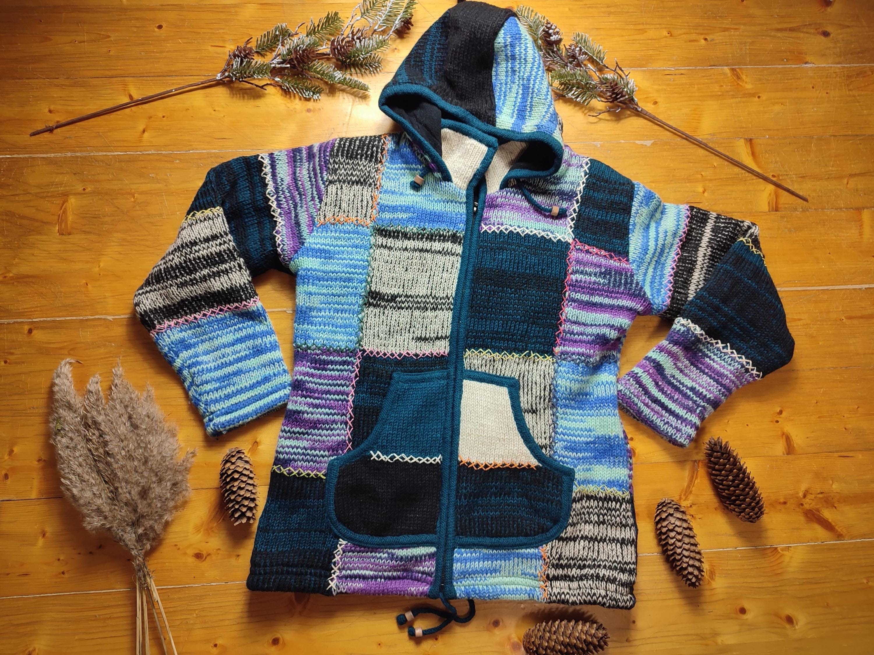 Pull Cardigan PACHAMAMA En Laine Népalaise - Taille S, Bleu, Fait Main, Doublé, Occasion Très Bon état
