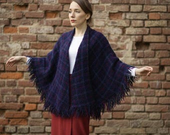 Vintage Irish Wool Scarf by Tapestries Ireland – Warm Fringed Shawl Wrap, Purple Check Plaid Cape, Made in Ireland