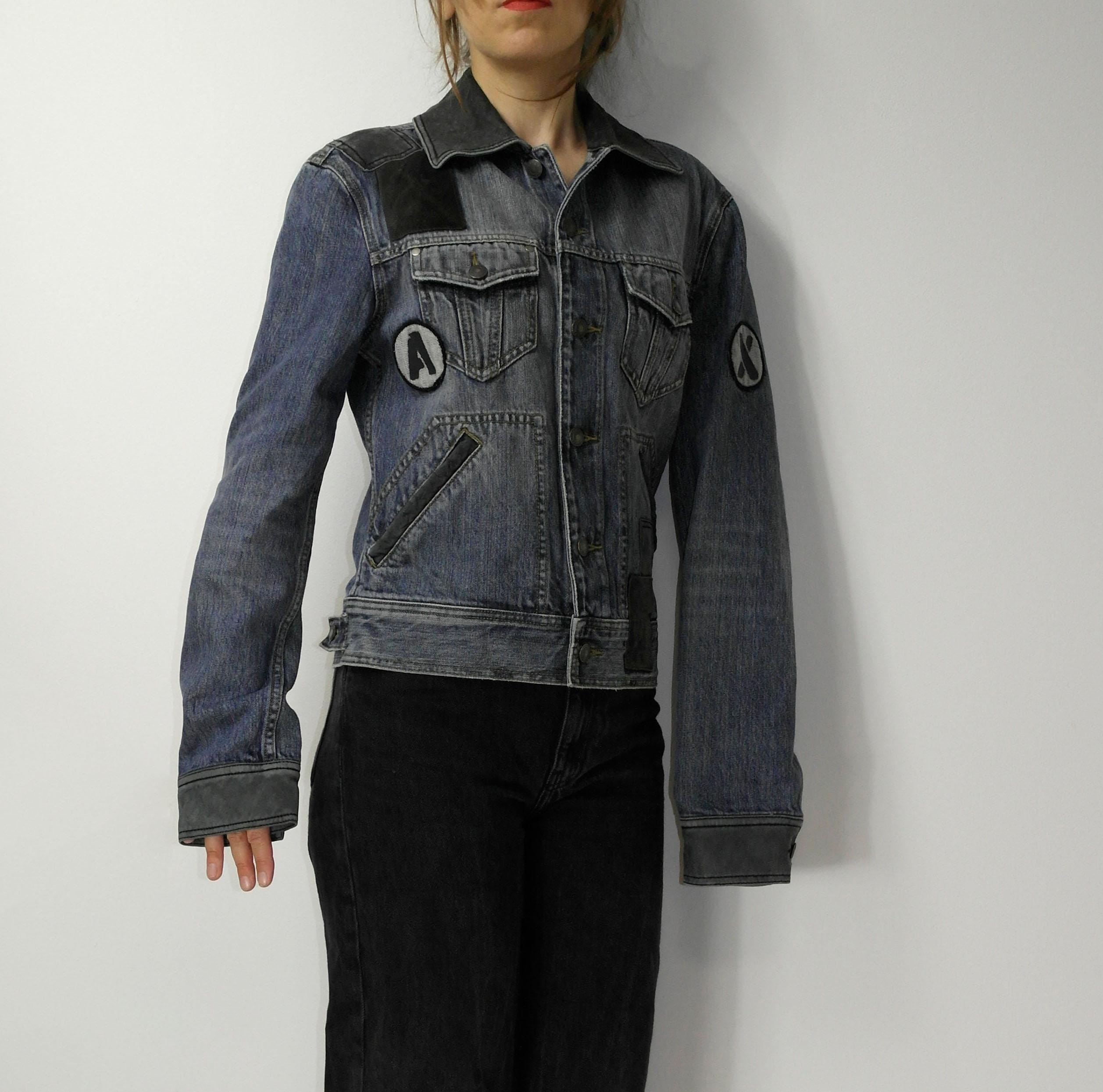 Y2K Armani Exchange Denim Jacket Logo Patch Jean Jacket Leather