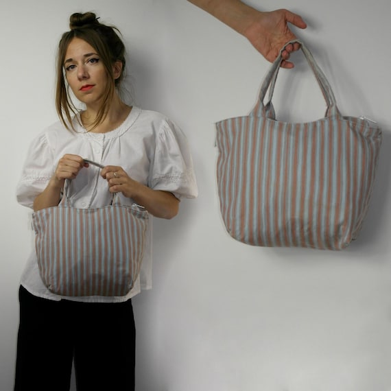 Vintage Marimekko Piccolo Bag Striped Cotton Tote Finland Scandi Shoulder Minimalist
