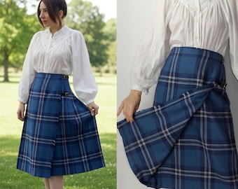 Vintage wool Kilt Skirt - James Pringle Made in Scotland skirt - Scottish wool skirt - Blue Plaid Tartan Wool Midi Wrap Skirt