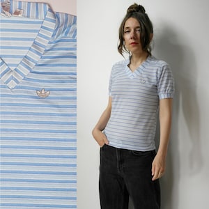 Vintage Adidas Ventex Trefoil T-Shirt 1970s Made in France Size D38 GB12 Blue White Striped Rare