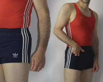 Vintage Adidas Szorty Jugosławia Niebieskie Białe Paski Logo Trefoil Bieganie Piłkarskie Sportowe Szorty Retro Lata 70. 80.